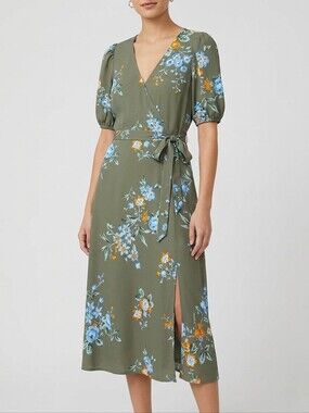​LOFT Floral Faux-Wrap Midi Dress Green Blue Orange Size 6